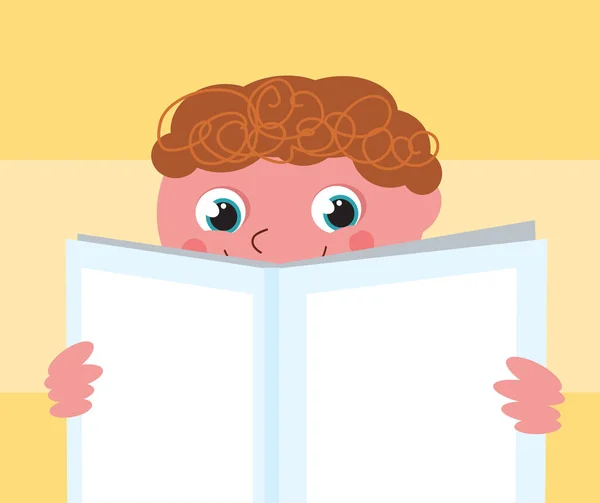 Glimlachend Kind Leest Een Boek Met Blanco Omslag Cartoon Vector — Stockvector