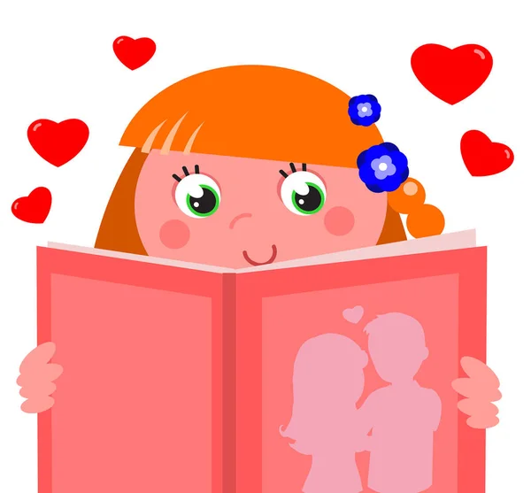 Jolie Fille Aux Cheveux Rouges Lisant Livre Romantique Rose Illustration — Image vectorielle
