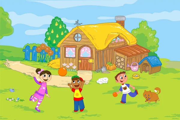 Casa Dos Desenhos Animados Com Crianças Brincando Campo Ilustração — Fotografia de Stock