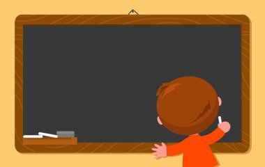 Okuldaki çocuk boş tahtaya, çizgi film vektör illüstrasyonuna yazıyor.