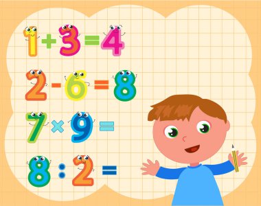 Komik sayılarla matematik işlemleri yapan öğrenci, karikatür vektör çizimi