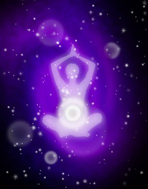 Aura, insan enerji bedeni, lotus meditasyon pozu. Arka planda derin dış uzay, dijital illüstrasyon