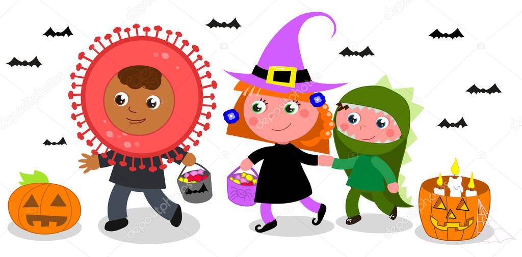 Children in Halloween costumes, witch, dinosaur and coronavirus, doing trick or treat. Isolated cartoon vector illustration
