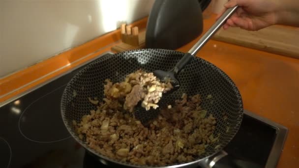 ミンチ肉は遅い台所の鍋に落ちる — ストック動画