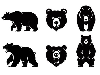 Altı cesur siyah ayı grafiklerinden oluşan bir koleksiyon. Ayakta duran ve yürüyen ayıların tüm vücut siluetleri, ve yakın plan kafa profilleri, bazılarının kükreyen ağızları, dokulu bir etkisi var..