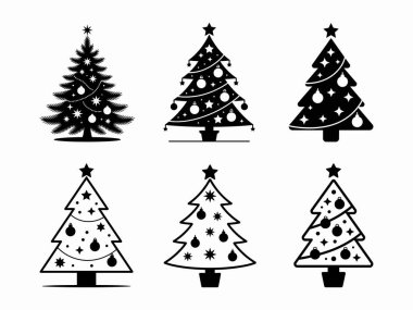 Her biri bayram süsleri ve yıldız süslemeleriyle süslenmiş altı farklı Noel ağacı grafiklerinden oluşan çarpıcı bir set. Noel kartları, dekorasyonlar ve mevsimlik promosyonlar için mükemmel..