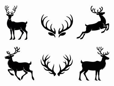 Çeşitli pozlarda görkemli geyikler ve karmaşık boynuz tasarımları içeren altı farklı siyah siluet koleksiyonu. Bu şenlik unsurları kış ve tatil ruhunu anımsatıyor. Mevsimsel kutlamalar için mükemmel..
