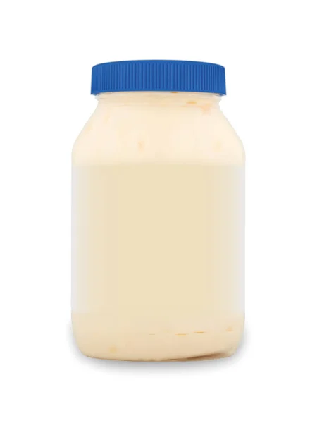 Realistische Verpackungs Attrappe Mayonnaise Weiße Sauce Glas Mit Blauem Deckel — Stockvektor