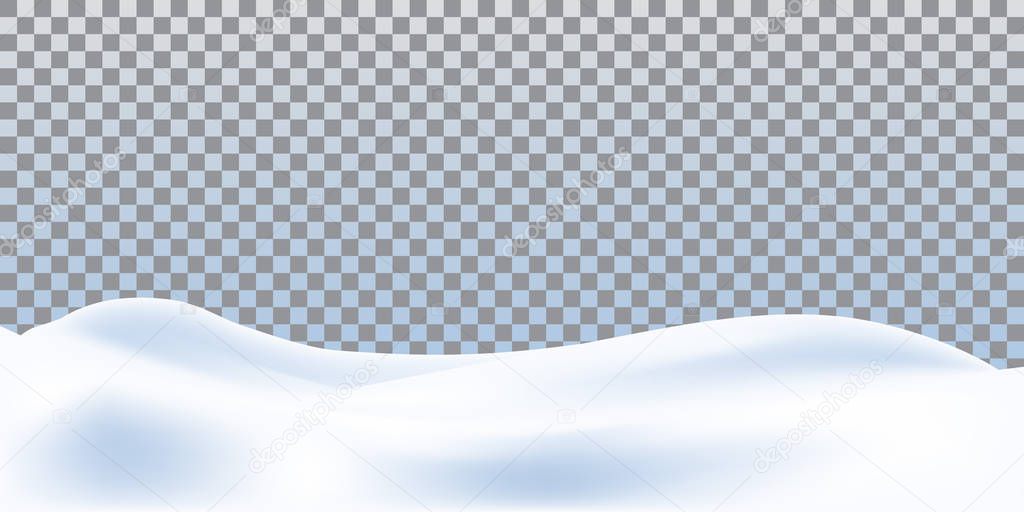 Realistic snowdrift isolated on transparent background. Snowy landscape. Vector illustration with snow hills.