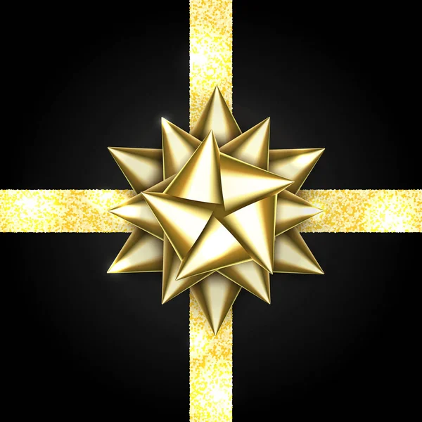 Zlatý Luk Izolované Černém Pozadí Lesklé Zlaté Stuhy Saténová Dekorace — Stockový vektor