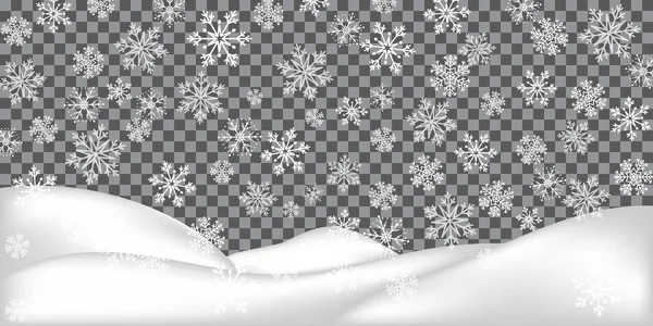 Реалистичный Сугроб Изолирован Прозрачном Фоне Зимний Пейзаж Падающие Снежинки Векторная — стоковый вектор