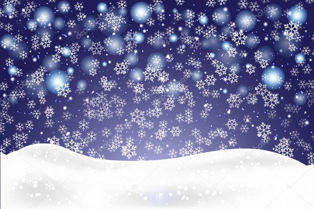 Christmas landscape with falling snowflakes. Snow background. Realistic snowdrift isolated. Vector illustration.