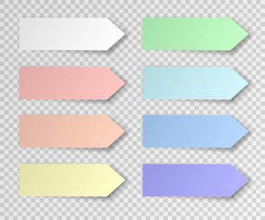 İzole yapışkan dekontunu deftere naklet. Gölge şeffaf arka plan ile kağıt etiketleri kümesi. Vektör çizim.