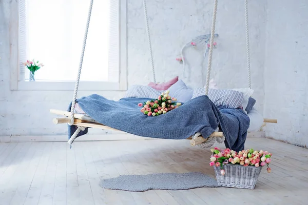 White Loft Interior Classic Scandinavian Style Hanging Bed Suspended Ceiling — Stock Photo, Image