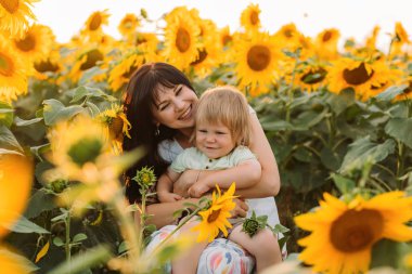 Anne ve oğlu ayçiçeği tarlası günbatımında oynuyorlar