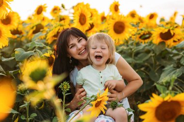Anne ve oğlu ayçiçeği tarlası günbatımında oynuyorlar