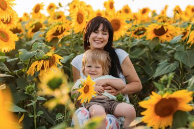 Anne ve oğlu ayçiçeği tarlası günbatımında oynuyorlar