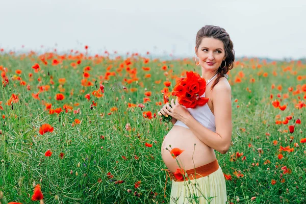 Haşhaş Alanındaki Hamile Güzel Kız — Stok fotoğraf