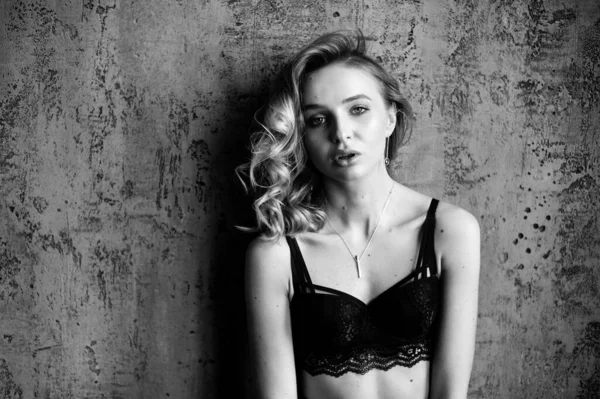 Monochrome Portrait Serious Sexy Glamour Woman Wearing Elegant Black Lingerie — Stock Photo, Image