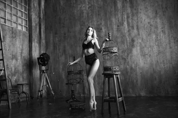 ロフトスタジオルームのケージの間に立ってセクシーな黒のランジェリーで完璧な若い女性 長い脚のコンセプト — ストック写真