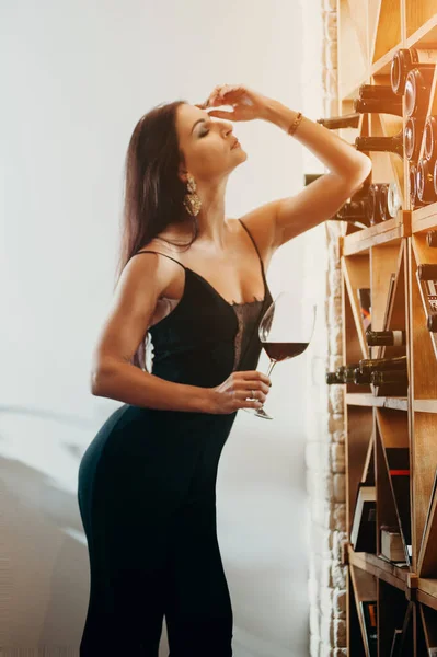 Relaxe Tempo Tema Álcool Linda Senhora Feliz Beber Copo Vinho — Fotografia de Stock