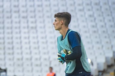 İstanbul, Türkiye - 13 Ağustos 2019: Kepa Arrizabalaga Süper Kupa Chelsea-Liverpool maçının ön antrenmanı hakkında