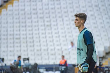 İstanbul, Türkiye - 13 Ağustos 2019: Kepa Arrizabalaga Süper Kupa Chelsea-Liverpool maçının ön antrenmanı hakkında