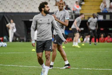 İstanbul, Türkiye - 13 Ağustos 2019: Liverpool FC forveti Muhammed Salah, UEFA Süper Kupası öncesinde maç öncesi antrenmanda sahada..