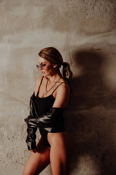 Rock Concept Portrait Charming Blond Woman Black Bodysuit Leather Jacket — Stock Photo, Image