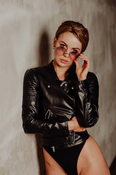 Rock Concept Portrait Charming Blond Woman Black Bodysuit Leather Jacket — Stock Photo, Image