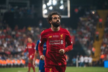 İstanbul, Türkiye - 14 Ağustos 2019: Liverpool 'da Liverpool ile Chelsea arasında oynanan UEFA Süper Kupası karşılaşmasında Liverpool forveti Muhammed Salah.