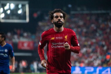 İstanbul, Türkiye - 14 Ağustos 2019: Liverpool 'da Liverpool ile Chelsea arasında oynanan UEFA Süper Kupası karşılaşmasında Liverpool forveti Muhammed Salah.
