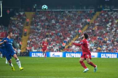İstanbul, Türkiye - 14 Ağustos 2019: Liverpool 'da Liverpool ile Chelsea arasında oynanan UEFA Süper Kupası karşılaşmasında Liverpool forveti Muhammed Salah.