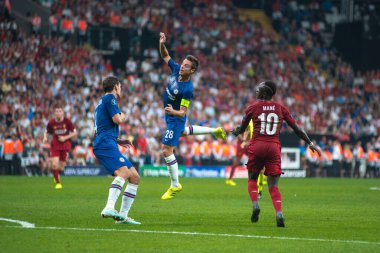 İstanbul, Türkiye - 14 Ağustos 2019: UEFA Süper Kupası 'nda Sadio Mane, Andreas Christensen ve Cesar Azpilicueta.