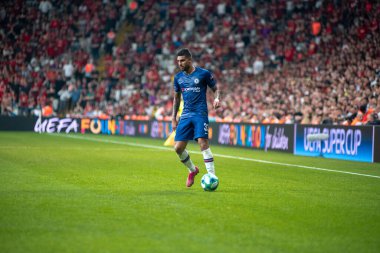 İstanbul, Türkiye - 14 Ağustos 2019: Vodafone Arena 'da Liverpool ile Chelsea arasında oynanan UEFA Süper Kupa Finalleri sırasında Emerson