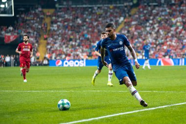 İstanbul, Türkiye - 14 Ağustos 2019: Vodafone Arena 'da Liverpool ile Chelsea arasında oynanan UEFA Süper Kupa Finalleri sırasında Emerson