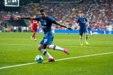 İstanbul, Türkiye - 14 Ağustos 2019: Vodafone Arena 'da Liverpool ile Chelsea arasında oynanan UEFA Süper Kupa Finalleri sırasında Emerson