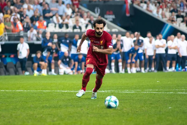 İstanbul, Türkiye - 14 Ağustos 2019: Liverpool FC forveti Muhammed Salah, UEFA Süper Kupası 'nda Chelsea FC' de belirleyici penaltı attı.