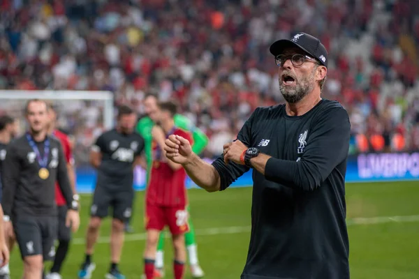 Istambul Turquia Agosto 2019 Jurgen Klopp Treinador Gerente Liverpool Comemorando — Fotografia de Stock