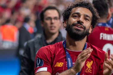 İstanbul, Türkiye - 14 Ağustos 2019: Vodafone Park 'ta Liverpool ile Chelsea arasında oynanan UEFA Süper Kupa karşılaşmasının sonunda Liverpool' un Muhammed Salah forveti.