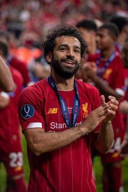 İstanbul, Türkiye - 14 Ağustos 2019: Vodafone Park 'ta Liverpool ile Chelsea arasında oynanan UEFA Süper Kupa karşılaşmasının sonunda Liverpool' un Muhammed Salah forveti.
