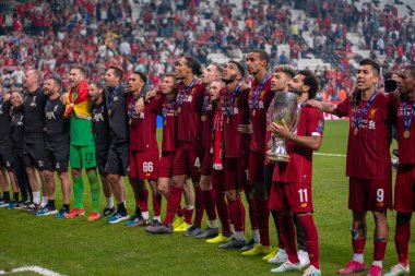 İSTANBUL, TURKEY - 14 Ağustos 2019 UEFA Süper Kupası 'nda Liverpool FC kutlaması.