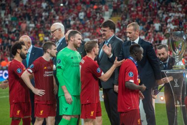 İSTANBUL, TURKEY - 14 Ağustos 2019 UEFA Süper Kupası 'nda Liverpool FC kutlaması.
