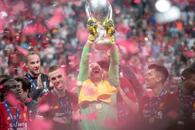 İSTANBUL, TURKEY - 14 Ağustos 2019 UEFA Süper Kupası 'nda Liverpool FC kutlaması.