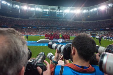 İSTANBUL, TURKEY - 14 Ağustos 2019 UEFA Süper Kupası 'nda Liverpool FC kutlaması.