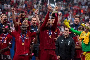 İSTANBUL, TURKEY - 14 Ağustos 2019 UEFA Süper Kupası 'nda Liverpool FC kutlaması.