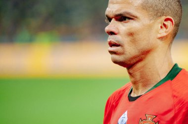 Kyiv, Ukrayna - 14 Ekim 2019: Ukrayna Olimpiyat Stadyumu 'nda oynanan karşılaşmadan sonra Portekiz milli takımının defans oyuncusu Pepe' nin portresi