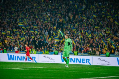 Kyiv, Ukrayna - 14 Ekim 2019: EURO 2020 'de Portekiz Olimpiyat Stadyumu' nda oynanan karşılaşmada Ukrayna kaptanı kaleci Andriy Pyatov