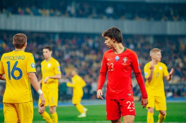 Kyiv, Ukrayna - 14 Ekim 2019: Portekiz milli takımı Joao Felix 'in Ukrayna Olimpiyat Stadyumu' nda oynanan karşılaşma sırasında oynadığı duygusal portresi