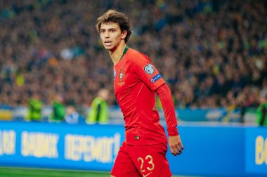 Kyiv, Ukrayna - 14 Ekim 2019: Portekiz milli takımı Joao Felix 'in Ukrayna Olimpiyat Stadyumu' nda oynanan karşılaşma sırasında oynadığı duygusal portresi